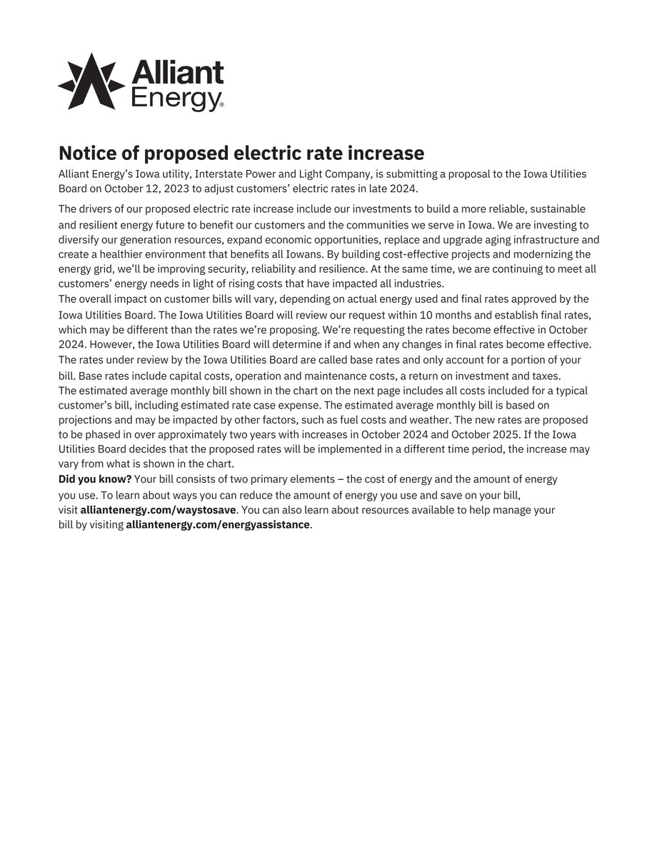 Alliant Energy Customer Notice - Iowa Rate Increase - Page 1